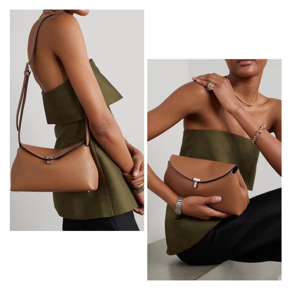 Authenticated new Toteme Tan T-Lock Clutch/shoulder bag